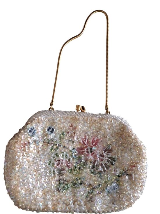 Walborg Handbags - Vintage Walborg Beaded Floral Evening Bag Purse Chain Sequins Embellished Flower